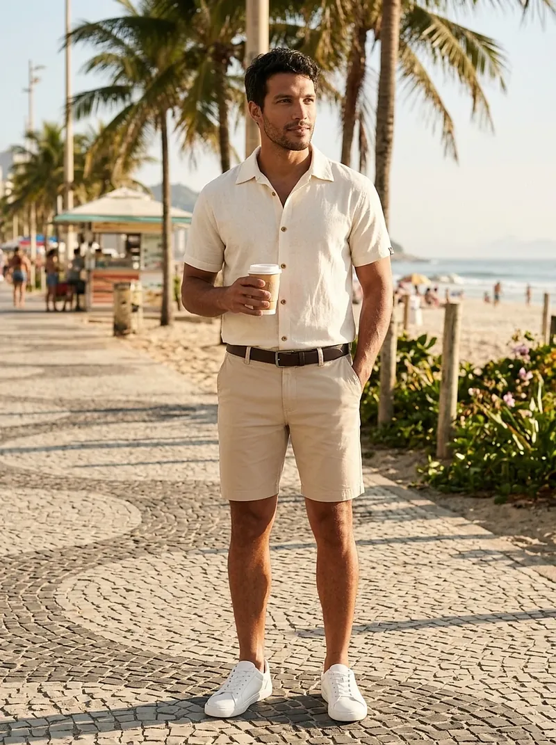 Rafael no calçadão da orla de manhã, com bermuda chino bege acima do joelho, camisa de botão off-white de manga curta, cinto de couro marrom e tênis branco