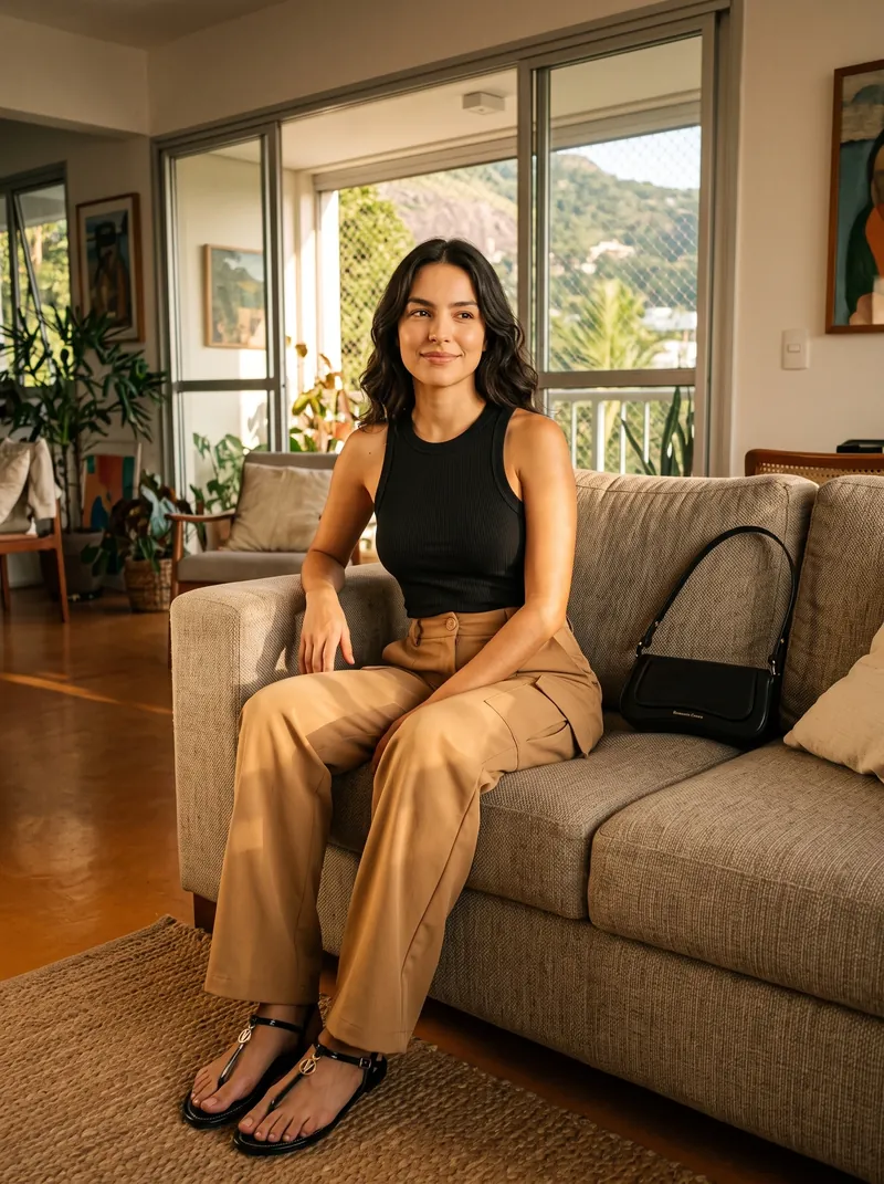 Mulher sentada num sofá de sala com vista para o morro, de regata preta canelada, calça cargo caramelo de perna larga e rasteira preta de verniz, com uma bolsa preta de ombro ao lado