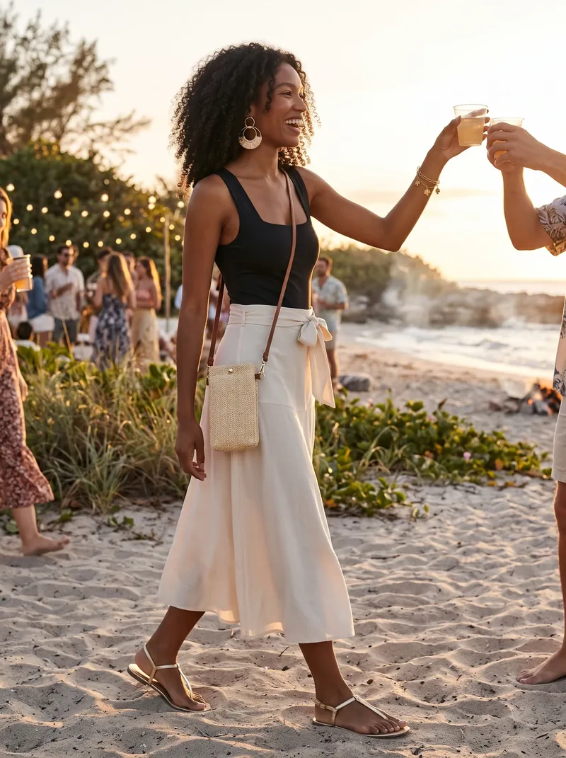 Modelo virtual de body preto de decote quadrado, saia midi off-white com laço, bolsa de palha transversal e rasteira dourada brindando num luau na praia ao pôr do sol