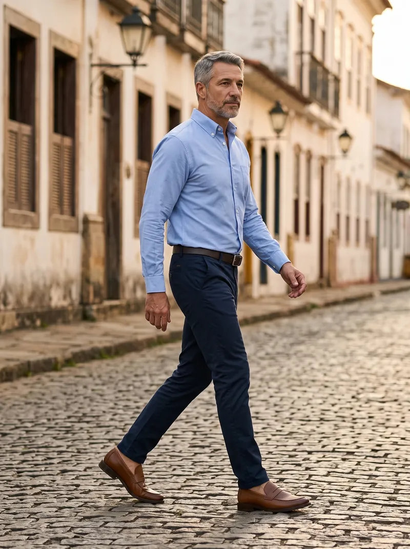 Homem grisalho atravessa rua de paralelepípedos de centro histórico ao fim da tarde com camisa oxford azul-clara por dentro, calça de sarja azul-marinho, cinto marrom e mocassim caramelo